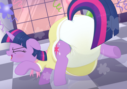 Size: 4580x3211 | Tagged: safe, alternate version, artist:fillyscoots42, twilight sparkle, pony, unicorn, g4, birthday dress, blushing, building, butt, clothes, dancing, diaper, diaper butt, diaper fetish, diaper usage, do the sparkle, dress, eyes closed, female, fetish, floppy ears, indoors, mare, night, non-baby in diaper, open mouth, open smile, party, partying, peeing in diaper, pissing, plot, poofy diaper, rear, smiling, solo, unicorn twilight, urine, used diaper, wet diaper
