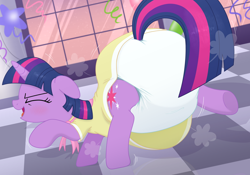 Size: 4580x3211 | Tagged: safe, alternate version, artist:fillyscoots42, twilight sparkle, pony, unicorn, g4, sweet and elite, birthday dress, blushing, building, butt, clothes, dancing, diaper, diaper butt, diaper fetish, do the sparkle, dress, eyes closed, female, fetish, floppy ears, indoors, mare, night, non-baby in diaper, open mouth, open smile, party, partying, plot, poofy diaper, rear, smiling, solo, unicorn twilight, white diaper
