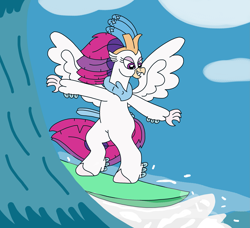 Size: 2685x2448 | Tagged: safe, artist:supahdonarudo, queen novo, classical hippogriff, hippogriff, series:novoember, g4, my little pony: the movie, bipedal, cloud, female, high res, surfboard, surfing, wave