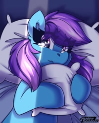 Size: 982x1228 | Tagged: safe, artist:shadowreindeer, oc, oc only, oc:nohra, earth pony, pony, boosty reward, crying, female, pillow, solo