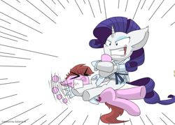 Size: 626x449 | Tagged: artist needed, safe, rarity, oc, oc:kirbybot, pegasus, pony, unicorn, g4, armbar, clothes, female, judo, karate, male, martial artist rarity, martial arts, submission hold