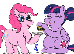 Size: 2289x1661 | Tagged: safe, artist:puffydearlysmith, pinkie pie, twilight sparkle, alicorn, earth pony, pony, g4, alternate hairstyle, belly, belly button, big belly, burger, chest fluff, chubby, double chin, fat, female, food, hair bun, lesbian, mare, messy eating, ship:twinkie, shipping, simple background, that pony sure does love burgers, transparent background, twilard sparkle, twilight burgkle, twilight sparkle (alicorn)