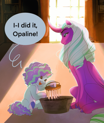 Size: 1611x1891 | Tagged: safe, artist:aztrial, misty brightdawn, opaline arcana, alicorn, pony, unicorn, g5, spoiler:g5, spoiler:my little pony: make your mark, bucket, candle, candle making, curved horn, cute, dialogue, duo, female, filly, filly misty brightdawn, foal, folded wings, freckles, horn, indoors, looking at someone, looking at something, looking down, mama opaline, mare, markings, mistybetes, nicealine, open mouth, open smile, ringlets, sitting, smiling, speech bubble, sunlight, unshorn fetlocks, wax, window, wings, younger