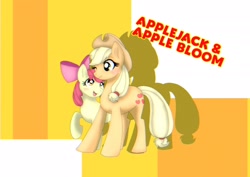 Size: 2048x1448 | Tagged: safe, artist:luca54976604, apple bloom, applejack, earth pony, pony, g4, abstract background, apple sisters, female, filly, foal, mare, siblings, sisters