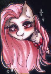 Size: 1640x2360 | Tagged: safe, artist:vaiola, fluttershy, pegasus, pony, undead, vampire, vampony, g4, big eyes, black background, blood, blushing, bowtie, bust, clothes, confident, costume, eyebrows, eyeshadow, fangs, female, fluttergoth, goth, halloween, halloween costume, holiday, looking at you, makeup, mare, portrait, simple background, solo, sparkles