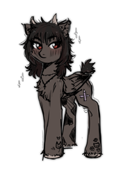 Size: 1674x2360 | Tagged: safe, artist:vaiola, oc, oc only, oc:crosspencil, pegasus, pony, blushing, chest fluff, colored sketch, cross, cross necklace, cute, doodle, ear fluff, ear piercing, earring, eyebrows, female, horns, jewelry, mare, necklace, pegasus oc, piercing, raised eyebrow, red eyes, scar, short tail, simple background, sketch, sparkles, tail, tattoo, transparent background, unshorn fetlocks, wings