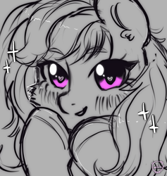 Size: 1939x2048 | Tagged: safe, artist:vaiola, oc, oc only, oc:emilia starsong, pony, avatar, big eyes, blushing, bust, cheerful, cute, excited, eyebrows, happy, heart, icon, looking at you, pink, portrait, simple background, sketch, smiling, solo, sparkles