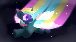 Size: 5000x2813 | Tagged: safe, artist:monycaalot, oc, oc only, oc:prism star, bat pony, pony, bat pony oc, bat wings, commission, fangs, flying, glowing, glowing eyes, glowing mane, glowing mouth, glowing wings, heterochromia, male, multicolored hair, night, night sky, rainbow hair, sky, smiling, solo, spread wings, stars, wings