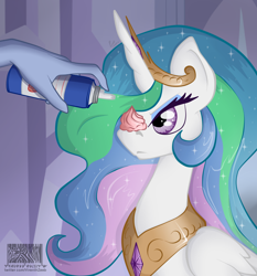 Size: 820x881 | Tagged: safe, artist:virenth, princess celestia, alicorn, pony, g4, celestia is not amused, disembodied hand, food, hand, jewelry, offscreen character, regalia, solo focus, this will end in a trip to the moon, unamused, whipped cream