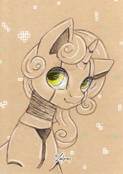 Size: 1024x1444 | Tagged: safe, artist:lailyren, sweetie belle, pony, robot, robot pony, unicorn, g4, bust, curly hair, female, green eyes, heart, mare, partial color, portrait, signature, smiling, solo, sweetie bot, traditional art