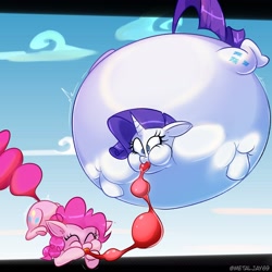 Size: 2048x2048 | Tagged: safe, artist:metalface069, pinkie pie, rarity, earth pony, pony, unicorn, g4, air inflation, airborne, blowing, floating, high res, hose, inflation, pinkie being pinkie, puffy cheeks, rariblimp
