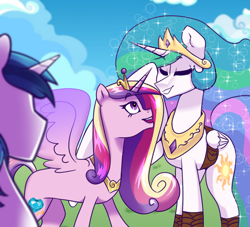 Size: 1000x909 | Tagged: artist needed, source needed, safe, princess cadance, princess celestia, shining armor, alicorn, pony, unicorn, g4, crown, female, jewelry, male, regalia, shipping, stallion, straight