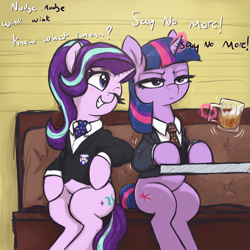 Size: 3000x3000 | Tagged: safe, artist:t72b, starlight glimmer, twilight sparkle, pony, unicorn, g4, alcohol, annoyed, beer, clothes, duo, duo female, female, glowing, glowing horn, high res, horn, levitation, magic, mare, monty python, monty python's flying circus, mug, necktie, nudge, one eye closed, parody, sitting, suit, telekinesis, wink