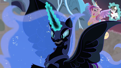 Size: 1440x810 | Tagged: safe, artist:obabscribbler, nightmare moon, princess cadance, raven, alicorn, pony, unicorn, g4, angry, ethereal mane, ethereal tail, female, glowing, glowing horn, gritted teeth, horn, magic, magic aura, spread wings, tail, teeth, telekinesis, wings