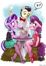 Size: 2894x4093 | Tagged: safe, artist:lummh, horte cuisine, savoir fare, starlight glimmer, sugar belle, earth pony, unicorn, anthro, unguligrade anthro, g4, awkward, awkward smile, bowtie, check, clothes, clover cafe, commission, cup, dress, equal, equal sign, female, floppy ears, grin, hay bale, high res, hoof shoes, jacket, looking at each other, looking at someone, male, mare, mushroom table, nervous, nervous smile, pictogram, plate, ptsd, question mark, sitting at table, smiling, speech bubble, spoon, stallion, sweat, sweatdrops, table, towel, trio, tuxedo, waiter