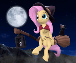 Size: 880x720 | Tagged: safe, artist:owlpirate, fluttershy, cat, pegasus, pony, g4, 3d, animated, black cat, bracelet, broom, clothes, costume, female, flying, flying broomstick, full moon, halloween, halloween costume, hat, holiday, jewelry, lantern, mare, moon, no sound, riding, smiling, solo, source filmmaker, webm, witch costume, witch hat