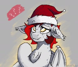Size: 1668x1449 | Tagged: safe, artist:reddthebat, oc, oc only, oc:reddthebat, bat pony, pony, bat pony oc, christmas, female, floppy ears, freckles, hat, holiday, looking up, mare, question mark, santa hat, solo