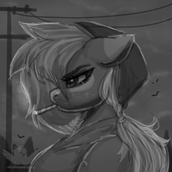 Size: 2000x2000 | Tagged: safe, artist:skyboundsiren, oc, oc only, oc:siren andromeda, alien, alien pony, pegasus, anthro, beanie, clothes, drugs, female, floppy ears, grayscale, hat, high res, hoodie, joint, marijuana, monochrome, sketch, smoking, solo