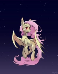 Size: 3235x4096 | Tagged: safe, artist:laymy, fluttershy, bat pony, pony, g4, bat ponified, bat wings, chest fluff, female, flutterbat, flying, glowing, glowing eyes, high res, looking away, mare, night, race swap, solo, spread wings, stars, three quarter view, turned head, wings