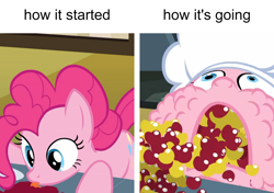 Size: 1920x1353 | Tagged: safe, edit, edited screencap, screencap, pinkie pie, earth pony, pony, g4, the last roundup, caption, cherry, food, full mouth, herbivore, licking, meme, pinkie being pinkie, solo, text, tongue out