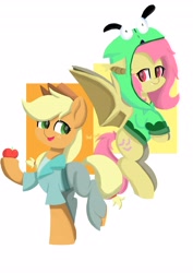 Size: 2896x4096 | Tagged: safe, artist:skylinepony_, applejack, fluttershy, bat pony, earth pony, pony, antonymph, cutiemarks (and the things that bind us), vylet pony, g4, apple, bat ponified, clothes, duo, female, flutterbat, fluttgirshy, flying, food, gir, hoodie, invader zim, mare, race swap, standing on two hooves