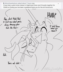 Size: 1000x1125 | Tagged: safe, artist:averysweatyboy, nightmare moon, queen chrysalis, alicorn, changeling, changeling queen, pony, g4, ask, curiouscat, dialogue, female, lesbian, lidded eyes, mare, monochrome, nervous sweat, open mouth, open smile, ship:chrysmoon, shipping, smiling, sweat