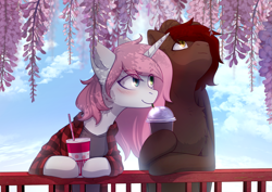 Size: 2039x1447 | Tagged: safe, artist:glumarkoj, oc, oc only, oc:bubblegum kiss, oc:whiskey dreams, pony, unicorn, clothes, drink, duo, heterochromia, shirt