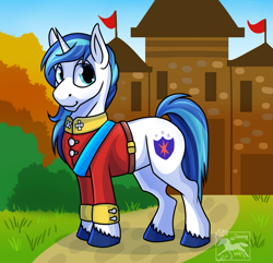 Size: 911x877 | Tagged: safe, artist:jenery, shining armor, pony, unicorn, g4, castle, clothes, looking at you, male, solo, stallion