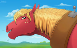 Size: 1129x707 | Tagged: safe, artist:jenery, big macintosh, earth pony, pony, g4, big macintosh's yoke, hoers, horse collar, looking at you, looking back, looking back at you, male, open mouth, solo, stallion, yoke