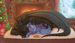 Size: 1175x680 | Tagged: safe, artist:jenery, princess luna, alicorn, dragon, pony, g4, christmas, christmas tree, cookie, female, fire, fireplace, food, holiday, looking at each other, looking at someone, mare, present, s1 luna, smiling, snow, snowman, string lights, tree, window