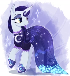 Size: 1771x1936 | Tagged: safe, artist:qwennondeathdie, moonlight raven, pony, unicorn, g4, clothes, dress, female, looking at something, mare, puffy sleeves, smiling, solo