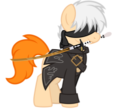 Size: 3200x2800 | Tagged: safe, artist:ponkus, oc, oc:scribbles, earth pony, pony, 9s, belt, blindfold, buttons, clothes, cosplay, costume, cute, high res, jacket, male, mouth hold, nier: automata, simple background, solo, stallion, sword, transparent background, weapon, wig