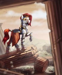 Size: 3354x4036 | Tagged: safe, artist:helmie-art, oc, oc only, earth pony, pony, armor, raised hoof, ruins, solo