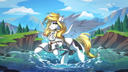 Size: 2500x1406 | Tagged: safe, artist:redchetgreen, oc, oc only, oc:star nai, alicorn, pony, alicorn oc, clothes, female, horn, leg fluff, lidded eyes, looking at you, mare, mountain, scenery, solo, splash, spread wings, water, wings