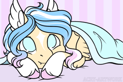 Size: 1200x800 | Tagged: safe, artist:acry-artwork, oc, oc only, oc:blissful daydreams, pegasus, pony, animated, blinking, coat markings, colored ear fluff, colored hooves, cute, cute little fangs, ear fluff, facial markings, fangs, feathered ears, female, gif, looking at you, lying down, mare, no pupils, prone, smiling, smiling at you, socks (coat markings), solo, star (coat marking), under blanket, unshorn fetlocks