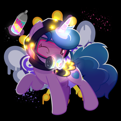 Size: 2000x2000 | Tagged: safe, artist:candy meow, izzy moonbow, pony, unicorn, g5, my little pony: tell your tale, sneaksy strikes again, spoiler:g5, spoiler:my little pony: tell your tale, spoiler:tyts01e34, clothes, coat, cute, female, gas mask, glowing, glowing horn, graffiti, high res, hood, horn, izzybetes, levitation, magic, mare, mask, one eye closed, sneaksy, solo, spray paint, street art, telekinesis, wink