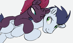 Size: 2033x1198 | Tagged: artist needed, safe, soarin', tempest shadow, pegasus, pony, unicorn, g4, broken horn, crack shipping, cuddling, duo, female, horn, looking at each other, looking at someone, lying down, male, mare, one eye closed, shipping, simple background, snuggling, stallion, straight, tempin', white background