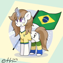 Size: 1800x1800 | Tagged: artist needed, safe, oc, oc only, oc:fluffymarsh, pony, unicorn, brazil, brown mane, clothes, colorful, female, flag, food, football, happy, magic, mare, marshmallow, patriotic, purple eyes, shirt, simple background, solo, world cup