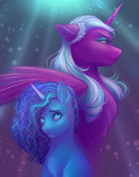 Size: 2200x2800 | Tagged: safe, artist:lucywolf18, misty brightdawn, opaline arcana, alicorn, pony, unicorn, g5, spoiler:g5, spoiler:my little pony: make your mark, duo, duo female, eyebrows, eyeshadow, female, folded wings, frown, high res, makeup, mare, wings
