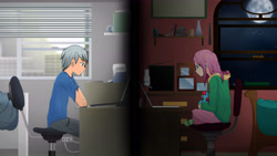 Size: 6000x3374 | Tagged: safe, artist:yunguy1, artist:yunsp, fluttershy, tom, oc, human, g4, absurd resolution, chair, clothes, computer, desk, duo focus, facing each other, faith summers, female, hoodie, humanized, laptop computer, male, office chair, sitting, starswirl academy, tom stone, toy