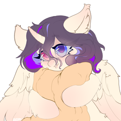 Size: 4000x4000 | Tagged: safe, artist:avery-valentine, alicorn, pony, bust, ear fluff, horn, hug, pillow, pillow hug, portrait, simple background, smiling, solo, spread wings, transparent background, wings