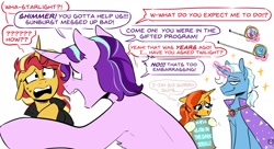Size: 1370x748 | Tagged: safe, artist:redxbacon, starlight glimmer, sunburst, sunset shimmer, trixie, pony, unicorn, g4, cape, clothes, dialogue, female, glasses, implied long penis, implied small penis, implied transgender transformation, magic, male, mare, measuring tape, rule 63, simple background, smug, speech bubble, stallion, stellar gleam, sunstone, teary eyes, tristan, trixie's cape, white background
