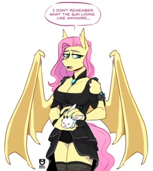 Size: 988x1106 | Tagged: safe, artist:redxbacon, angel bunny, fluttershy, bat pony, anthro, g4, bat ponified, big breasts, breasts, busty fluttershy, cleavage, dialogue, fangs, female, flutterbat, goth, gothic, nail polish, race swap, simple background, slit pupils, solo, teal eyes, white background