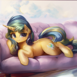 Size: 512x512 | Tagged: safe, ai assisted, ai content, editor:paracompact, oc, oc only, pony, couch, female, looking at you, lying down, mare, prone, random pony, solo