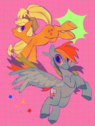 Size: 768x1024 | Tagged: safe, artist:poneko-chan, applejack, rainbow dash, earth pony, pegasus, pony, g4, bucking, duo, flying, hooves