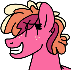 Size: 979x969 | Tagged: safe, artist:jadeharmony, oc, oc only, oc:peachy keen, earth pony, pony, pandoraverse, bust, eye clipping through hair, eyes closed, female, freckles, grin, mare, offspring, parent:big macintosh, parent:cheerilee, parents:cheerimac, simple background, smiling, solo, transparent background