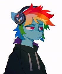 Size: 1599x1908 | Tagged: safe, artist:draw3, rainbow dash, anthro, g4, clothes, female, headphones, hoodie, lesbian pride flag, no pupils, pride, pride flag, simple background, solo, unamused, white background, wonderbolts logo