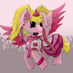 Size: 3000x3000 | Tagged: safe, artist:spiroudada, oc, oc only, pegasus, pony, bow, clothes, collar, crossdressing, cute, dress, flying, high res, jewelry, male, microphone, necklace, necktie, pink, pink dress, simple background, singer, solo, stage, stallion, tiara, wings