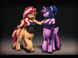 Size: 7200x5400 | Tagged: safe, artist:imafutureguitarhero, sci-twi, sunset shimmer, twilight sparkle, alicorn, centaur, ponytaur, unicorn, anthro, taur, g4, 3d, 4:3, absurd file size, absurd resolution, alitaur, anthro centaur, arm fluff, arm freckles, belly fluff, black bars, bra, breast fluff, butt freckles, centaur sunset, centaur twilight, centaurified, cheek fluff, chest fluff, chest freckles, chromatic aberration, clothes, cloven hooves, collar, colored eyebrows, colored eyelashes, crop top bra, cute, dialogue in the description, duo, ear fluff, ear freckles, evening gloves, female, film grain, fingerless elbow gloves, fingerless gloves, fluffy, fluffy hair, fluffy mane, fluffy tail, folded wings, freckles, fur, glasses, glasses off, gloves, gradient background, grin, hand on arm, hand on shoulder, hoof fluff, horn, leg fluff, leg freckles, letterboxing, long gloves, long nails, looking at someone, looking down, mare, multicolored hair, multicolored mane, multicolored tail, nose wrinkle, open mouth, paintover, peppered bacon, raised hoof, revamped anthros, revamped ponies, sci-twilicorn, shadow, shoulder freckles, signature, smiling, source filmmaker, species swap, striped gloves, tail, tank top, touching, twilight sparkle (alicorn), wall of tags, wing fluff, wings, worried