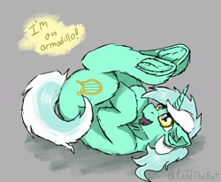 Size: 1806x1485 | Tagged: safe, artist:reddthebat, lyra heartstrings, pony, unicorn, g4, dialogue, female, frog (hoof), gray background, lying down, mare, on back, silly, silly pony, simple background, solo, underhoof